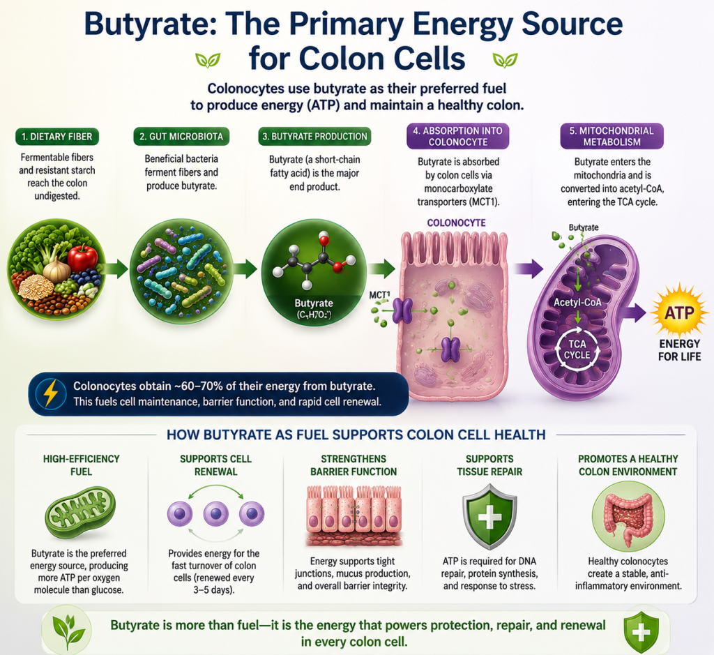 colonocytes rely primarily on butyrate as their preferred energy source. Butyrate is a short-chain fatty acid produced when beneficial gut bacteria ferment dietary fiber and resistant starch in the colon. After entering colonocytes, butyrate is transported into the mitochondria, where it is metabolized to generate ATP, the energy required for cellular maintenance, repair, and renewal. This steady supply of energy supports one of the fastest rates of cellular turnover in the human body and helps preserve the intestinal barrier that separates the body's internal environment from the microbial world within the colon.