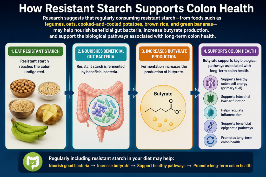 Research suggests that regularly consuming resistant starch—from foods such as legumes, oats, cooked-and-cooled potatoes, brown rice, and green bananas—may help nourish beneficial gut bacteria, increase butyrate production, and support the biological pathways associated with long-term colon health.