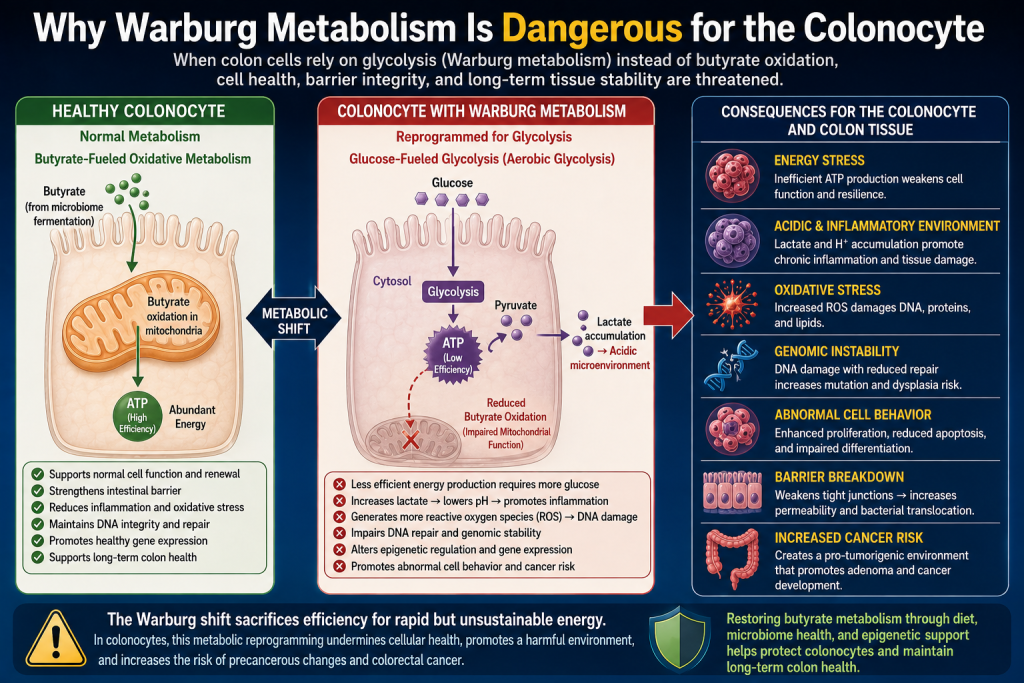 Certainly. For the website, I would write it in a scientific but readable style like this:
---
## Why the Warburg Effect Matters
Healthy colonocytes normally rely on **butyrate**, produced by the gut microbiome, as their primary energy source. Within the mitochondria, butyrate is efficiently oxidized to generate ATP, providing the energy needed to maintain the intestinal barrier, support continuous cellular renewal, regulate inflammation, and preserve normal gene expression.
In contrast, colonocytes that undergo **metabolic reprogramming** increasingly depend on **glucose metabolism** through aerobic glycolysis, a process known as the **Warburg effect**. Although glycolysis allows cells to generate metabolic building blocks rapidly, it produces much less ATP than mitochondrial oxidation and reduces the cell's ability to utilize butyrate as its primary fuel.
As mitochondrial oxidation declines, butyrate is no longer completely metabolized for energy and can accumulate within the cell. At the same time, increased glycolysis produces lactate and contributes to a more acidic cellular environment. These metabolic changes are associated with increased oxidative stress, impaired DNA repair, altered epigenetic regulation, abnormal cell proliferation, reduced cellular differentiation, and weakening of the intestinal barrier.
Together, these changes create a biological environment that is more susceptible to chronic inflammation, genomic instability, and the development of colorectal neoplasia. Rather than simply representing a change in energy production, the Warburg effect fundamentally alters the way colonocytes respond to microbial metabolites and regulate gene expression.
These observations help explain why maintaining healthy microbial production of butyrate—and preserving the colonocyte's ability to oxidize it—may be an important component of long-term colon health. Within the EpiNutrition™ framework, nutrition supports a healthy microbiome, the microbiome produces beneficial metabolites, and those metabolites help maintain normal colonocyte metabolism and healthy gene expression long before visible disease develops.