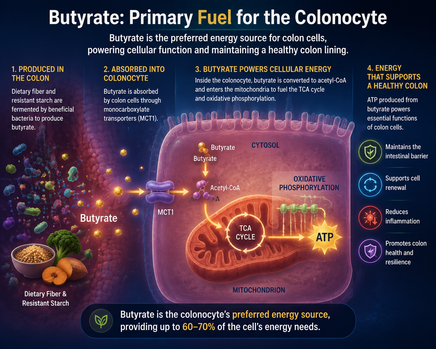 The inner surface of the colon is lined by epithelial cells called colonocytes. These cells form part of the barrier separating the body from the enormous microbial community living within the intestinal lumen.

Healthy, mature colonocytes have a distinctive relationship with that microbial community. Anaerobic bacteria ferment certain dietary fibers and resistant carbohydrates, producing short-chain fatty acids. One of these metabolites—butyrate—is readily used by colonocytes as an oxidative fuel.

Inside the colonocyte, butyrate can be converted into acetyl-CoA and processed through mitochondrial metabolism. This supports cellular energy production while consuming oxygen near the intestinal surface.