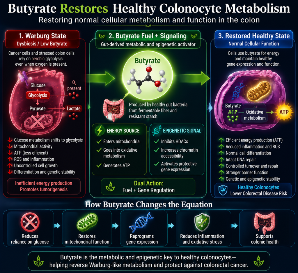 Butyrate Helps Restore Normal Cellular Metabolism
One of the earliest metabolic changes observed in the development of colorectal cancer is the Warburg effect, a shift away from normal mitochondrial energy production toward increased glucose utilization and glycolysis, even when oxygen is available. Although this metabolic strategy supports rapid cell growth, it is less efficient for energy production and is accompanied by abnormal patterns of gene expression, increased inflammation, and impaired cellular differentiation.
Butyrate helps counter many of these changes through its unique dual role as both an energy source and an epigenetic regulator. In healthy colonocytes, butyrate enters the mitochondria, where it is metabolized through oxidative pathways to generate ATP, restoring efficient energy production and supporting normal cellular metabolism. At the same time, butyrate inhibits histone deacetylases (HDACs), increasing chromatin accessibility and promoting the expression of genes involved in differentiation, DNA repair, antioxidant defense, and controlled cell growth.
Together, these complementary actions shift the cell away from the Warburg phenotype and back toward normal oxidative metabolism. Rather than relying primarily on glucose fermentation, healthy colonocytes use butyrate as their preferred fuel while simultaneously maintaining the epigenetic programs required for normal cellular function. In this way, butyrate serves as both a metabolic fuel and a molecular signal that helps preserve colon health and reduce the biological conditions that favor colorectal cancer development.