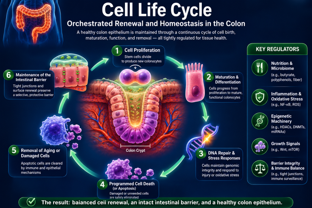 This continual renewal depends on a carefully regulated balance among:

Cell proliferation

Maturation and differentiation

DNA repair and stress responses

Programmed cell death, or apoptosis

Removal of aging or damaged cells

Maintenance of the intestinal barrier