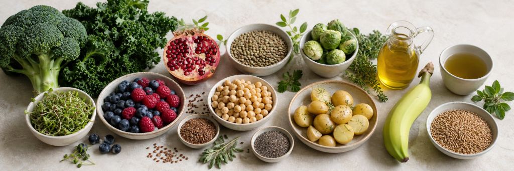Plant foods featured in the Epigenetic Diet, including cruciferous vegetables, berries, legumes, whole grains, seeds, and green tea.