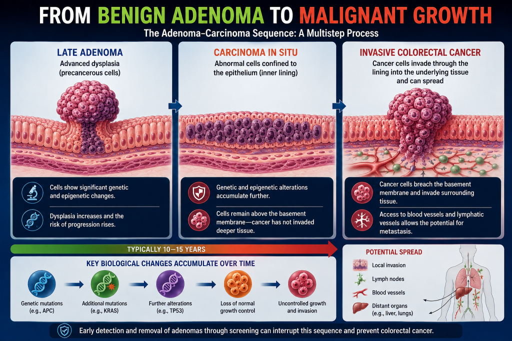 Invasion is diagnosed when malignant cells cross the normal tissue boundary and grow into supporting tissue where those cells do not belong. This distinction is determined through pathological examination of removed tissue.

Progression from a benign precursor to invasive cancer generally involves the selection and expansion of cell populations carrying additional abnormalities.