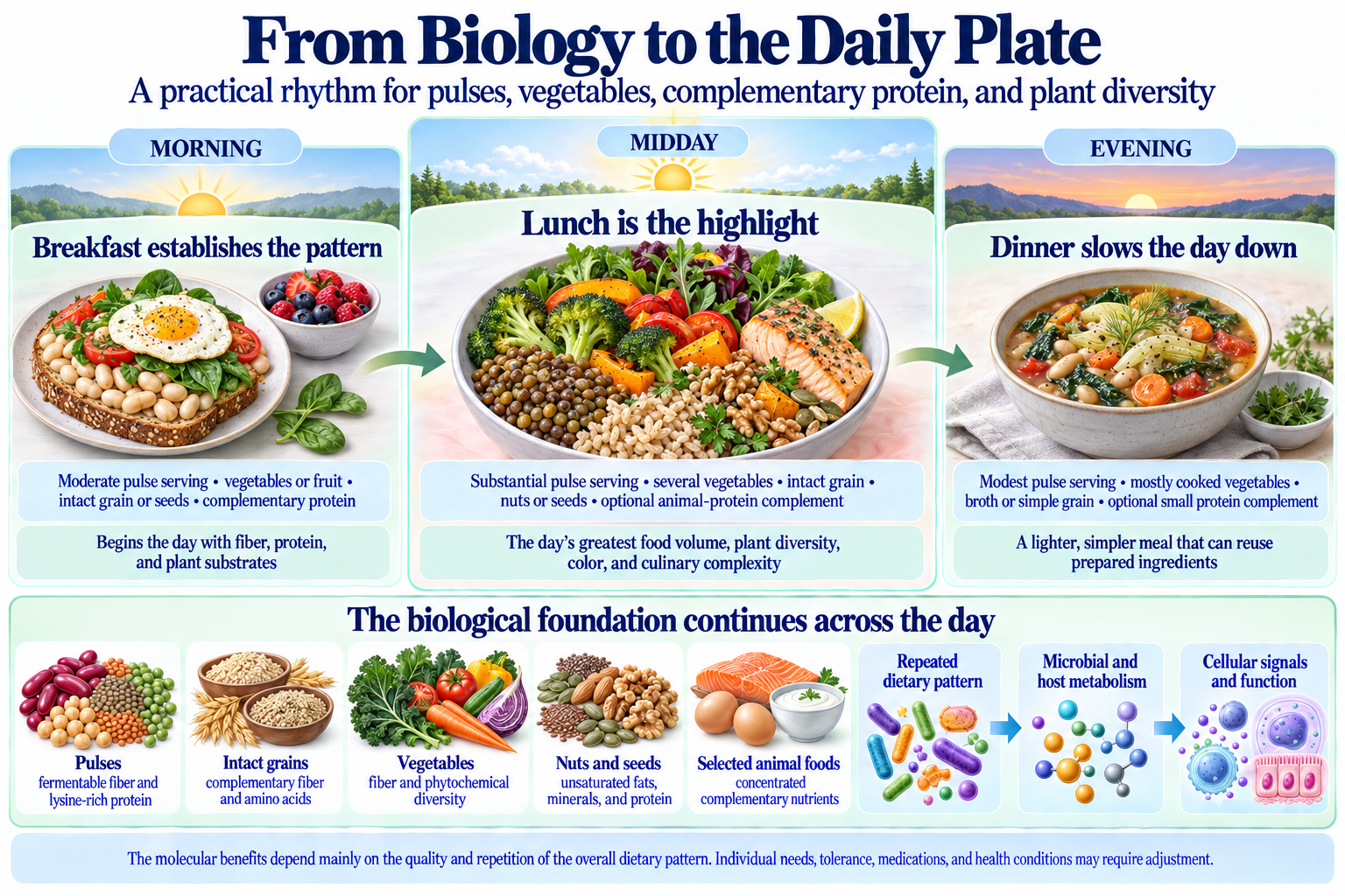Daily meal rhythm with a moderate breakfast, a diverse highlight lunch, and a lighter evening dinner.